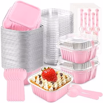 NPLUX Mini Cake Pans with Lids, 50 Pack Pink 5oz for Picnic Desserts