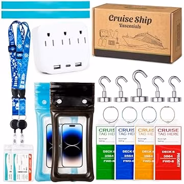 Noledome Cruise Essentials 2026-17PCS Cruise Must Haves Kit with Non-Surge Protector Power Strip, Lanyard with ID Holder, Magnetic Hooks, Luggage Tag Set, Towel Bands, Waterproof Phone Holder