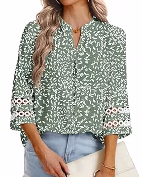 PYGFEMR 3/4 Length Sleeve Womens Tops Casual Dressy Blouses 2026 Trendy V Neck Summer Pleated Work Shirts Olive Green Leaves 2XL