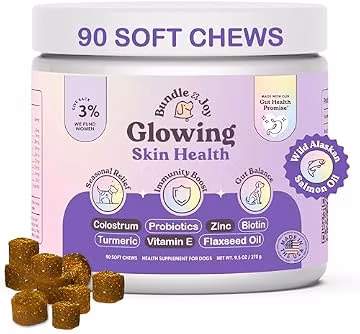Bundle x Joy Glowing Skin and Coat Supplement for Dogs, 90 Soft Chews, Probiotics for Dogs with Colostrum, Omega 3 Fatty Acids, Salmon Oil, and Turmeric, Supports Seasonal Allergies & Itchiness