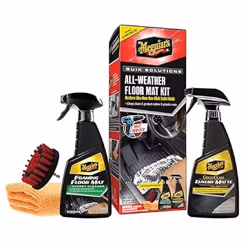 Meguiar’s Quik Solutions All-Weather Floor Mat Kit,All Weather Floor Mat Cleaner and Car Mat Protectant that Deep Cleans & Restores a Like-New Non-Slick Finish,Includes Drill Attachment, Kit