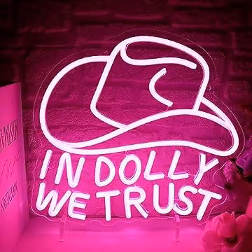 In Dolly We Trust Neon Sign, Pink Cowgirl Hat LED Signs, Country Retro Style Western Wall Art, USB Powered for Teen Bedroom Man Cave Party Aesthetic Christmas Birthday Gift(12.9 * 13.3in)