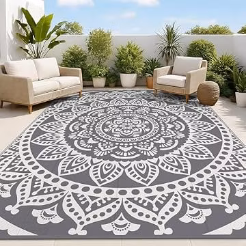 Bsmathom Waterproof Outdoor Rug 8'x10' Reversible Boho Plastic Straw Patio Deck Camping Rugs, Indoor Outdoor Portable RV Mat Clearance Carpet for Outside, Porch, Balcony, Backyard, Beach, Pool,Grey