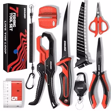 Fishing Tools Kit, 7pc Fishing Pliers Kit with Fillet Knife, Split Ring Pliers, Braid Scissors, Fish Gripper, Ruler, Sharpener & Lanyard, Saltwater & Freshwater Fishing Gear & Fishing Gifts for Men