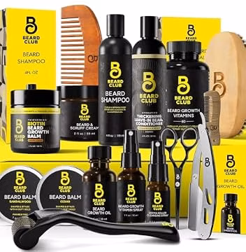 The Beard Club Ultimate Beard Growth Kit - Derma Roller, Growth Oil, Vitamins, Vitamin Spray, Biotin Balm, Conditioner, Cream, Balms, Shampoo, Razor, Scissors, Combs, Brush, Cleansing Spray - Gift Set