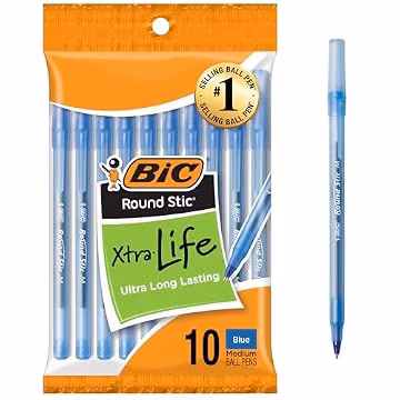 BIC Round Stic Xtra Life Blue Ballpoint Pens, 10-Count Pack, 1.0mm