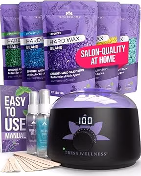 Tress Wellness Award Winning Waxing Kit for Sensitive Skin, Safe for Face & Skin, Easy to Use, At-Home Kit for Face, Bikini, Brazilian & Full Body - Digital Display, Black Purple Flower