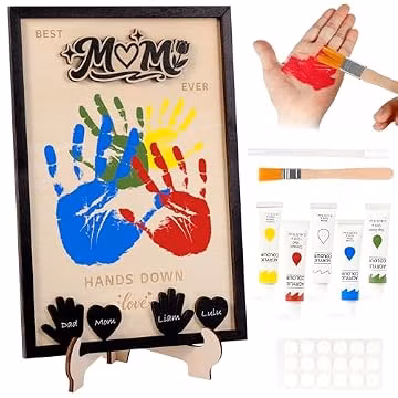 Sortnic Mothers Day Gifts from Kids, DIY Family Handprint Kit with 5 Non-Toxic Paint, Wooden Handprint Craft Frame with Kids Names, Hands Down Best Mom Ever Sign, Mothers Day Gift from Son Daughter