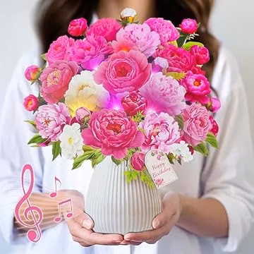 MZD8391 Birthday Cards with MUSIC LIGHTS, 3D Pop Up Penoy Bouquet For Women