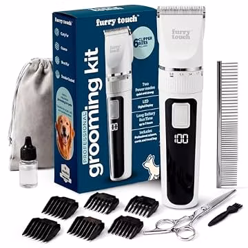 Furry Touch Dog Grooming Kit - 2 Power Modes Quiet & Strong, Cordless Dog Clippers for Grooming & Dogs Hair Trimmer for Groomings, Ceramic Blades, 6 Guide Combs, Rechargeable Trimmer for Cats and Pets