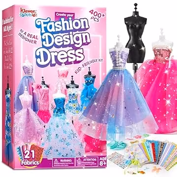 Klever Kits 400+PCS Fashion Design Crafts for Kids, Art and Crafts, DIY Sewing Kits with 3 Mannequins for Girls Aged 8-12, Toys for Kids, Birthday Presents, Doll Clothes