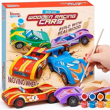 Klever Kits 4 DIY Wooden Race Cars-Build & Paint Your Own Wood Craft Kit, 4 Race Cars Toy, Easy to Assemble Arts Crafts Kit, Birthday Party Presents for Kids Boys and Girls