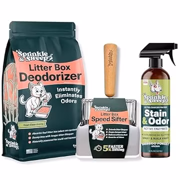 Sprinkle & Sweep: Litter Box Deodorizer Bundle: 8oz Bag, Speed Sifter, 24oz Odor & Stain Spray - Cat-Kitten Litter Care, Enzyme Spot Treatment Cleaner