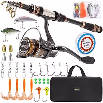 PLUSINNO Fishing Rod and Reel Combos -24 Ton Carbon Fiber Telescopic Fishing Pole - Spinning Reel 12 +1 Shielded Bearings Stainless Steel BB-Free Carrier Bag Case, Travel Saltwater Freshwater Fishing