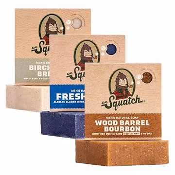 Dr. Squatch Natural Men’s Bar Soap - Cold Process Body Soap Bar with Natural Oils - Gifts for Men - Birchwood Breeze, Fresh Falls & Wood Barrel Bourbon (5 oz, 3-Pack)