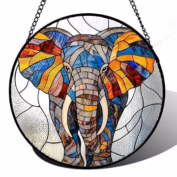 AMDERVEN Stained Glass Window Hanging, Colorful Elephant Sun Catcher for Door Home Decor Animal Suncatcher Christmas Mother's Day Birthday Gifts for Women Men Mom and Nana 7.8 in