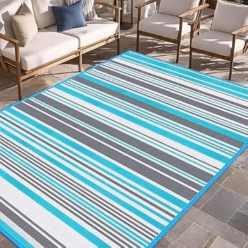 Outdoor Patio Plastic Rug Waterproof - Outdoor Rugs for Camper Outside, Rv, Porch Deck Rug Clearance, Area Carpet for Outside, Balcony, Patio Decor, Blue & Green, 4x6 ft