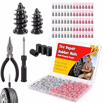 76PCS Tire Repair Rubber Nail Kit, 2 Sizes Premium Spiral Screw-in Tire Plugs, Tire Screw Plugs with Screwdriver, Pliers, Fast Self-Service Tool for Car, Truck,Motorcycle,Tractor Tire Puncture Repair