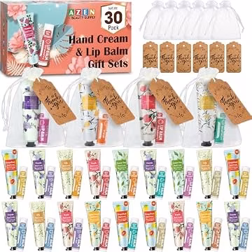 AZEN 30 Sets Bulk Gifts, Hand Cream and Lip Balm Bulk Set with Organza Bag Thank You Card, Baby Shower Wedding Gifts for Guests, Bridal Wedding Favors