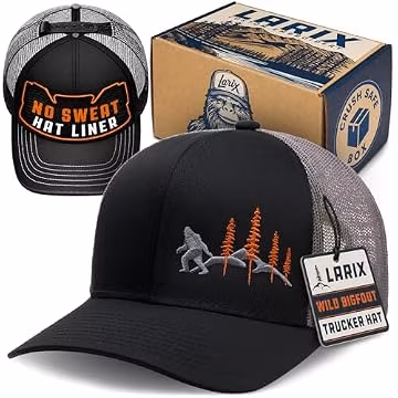 LARIX Trucker Hat Men - Wild Bigfoot Hat with Breathable Mesh, Adjustable Snapback, Value Bundle with No Sweat Liner, Gift Box - Mens Trucker Hats - Mens Hats - Big Foot Sasquatch Gifts (Black Gray)