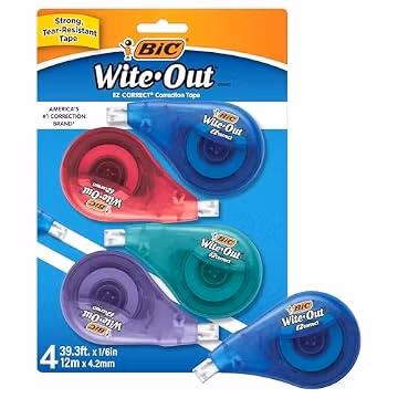 BIC Wite-Out Brand EZ Correct Correction Tape, 39.3 feet, 4-Count Pack of White Correction Tape, Fast, Clean and Easy to Use Tear-Resistant Tape Office or School Supplies