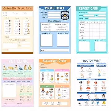 4x6 Inch Kids Pretend Play Notepads Imaginative Role Play Bundle Police Role Play Notepad Restaurant Role Play Pad Coffee Shop Role Play Pad for Toddlers Role Restaurant Policeman Play 60 Pcs