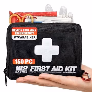 M2 BASICS 150 Piece Premium First Aid Kit, Compact Bag for Purse & Travel