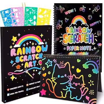 Scratch Art Crafts Kit for Kids – 2 Pack Rainbow Scratch Paper Notebooks with Wooden Styluses and Drawing Stencils, Magic Art Supplies Birthday Christmas Gifts Party Favors for Boys Girls Ages 3-10