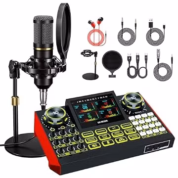 Podcast Microphone Bundle with Live Sound Board Audio Mixer, Podcast Equipment Bundle with 3.5mm Condenser Microphone(P15) for Pc/Phone Live Streaming Singing Gaming, Voice Changer, Denoise