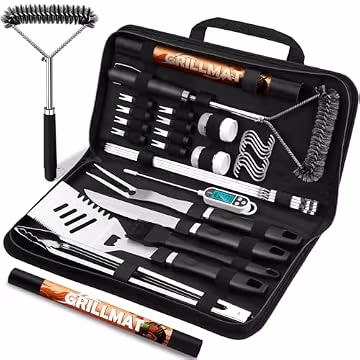RINPIR 31pcs BBQ Grill Accessories Gifts for Men Dad, Heavy Duty Grilling Tools Gift Set for Father's Day, Stainless Steel BBQ Utensils Kit with Mats, Grill Brush in Carrying Bag Black
