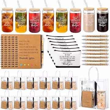 Yeyeplum 60 Pcs Employee Appreciation Gifts Bulk Thank You Glass Cup Makeup Bag Bamboo Pen Motivational Notebook and Bag for Back to School Teachers Office Staff Coworker