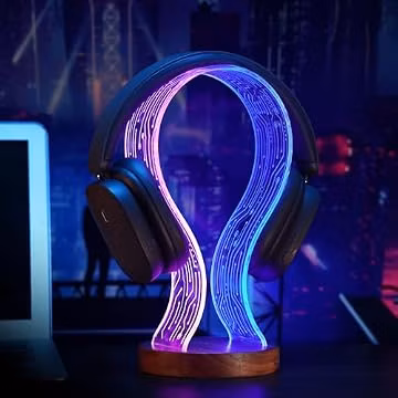 Lampeez Headphone Stand Headset Holder with Blue Pink LED Night Light Walnut Wood for Gamers, Music Lovers Gift Idea