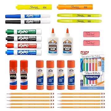 Sharpie School Supplies Variety Pack, My First All in One Pack, Expo, Paper Mate, Elmer’s Glue Sticks, Pourable Glue, Pencils, Dry Erase, Markers, Highlighters, and More, 31 Count