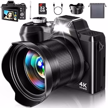 4K Digital Camera for Photography Travel, 56MP Autofocus Vlogging Camera for YouTube, 16X Zoom with 3" 180°Flip Screen & Lens Hood, 32GB Card, Gift Ideas for Teens & Beginners
