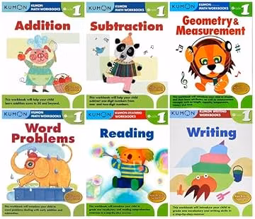 Kumon Grade 1 Math, Reading & Writing Workbooks 6-Book Bundle Set (Addition, Subtraction, Geometry & Measurement, Word Problems, Reading, Writing)