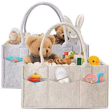 HIPHOP PANDA 2-Pack Diaper Caddy Organizer - Newborn Essentials Baby Registry Must Haves - Sturdy Nursery Storage Bin & Portable Car Caddy for Diapers & Wipes - Grey/Oatmeal Gift Set