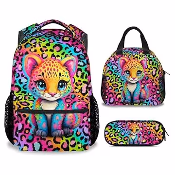 NICEFORNICE Girls Backpack with Lunch Box, 3PCS Cheetah School Backpacks Matching Combo for Kindergarten, Cute Leopard Print Bookbag and Pencil Pouch Bundle