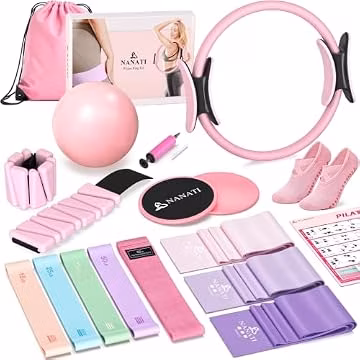 NANATI Pilates Kit with Ankle Weights, Pilates Essentials Kit for Women, Pilates Equipment with 14.5" Pilates Ring and Ball, Resistance Bands, Core Sliders & Grip Socks for Home Workouts (Pink)