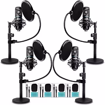 Movo PodPak4T 4-Pack Universal XLR Podcast Microphone Bundle- Includes 4 Cardioid Condenser Mics, Desktop Mic Stands, Pop Filters, Shock Mounts, and Cables for Podcast Equipment