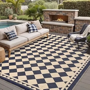 HUGEAR 8x10 Black Beige Checkered Waterproof Outdoor Rug for Patio
