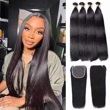 MIRONICA Straight Human Hair Bundles with Closure 20 22 24 26 + 18