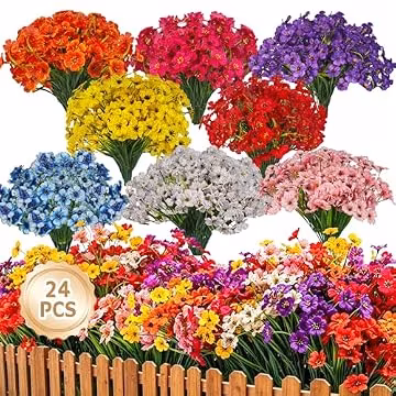 24 Bundles Artificial Flowers for Outdoors,8 Color Fake Flower UV Resistant
