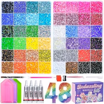70000Pcs 48 Colors Bedazzling Kit 2 Boxes with Rhinestones, 3mm Resin Flatback Rhinestones with 4 Pcs B7000 Jewelry Glue & Tools, Diamond Art All-in-One Bedazzling Kit for DIY Arts & Crafts Gifts