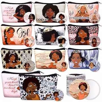 Kacctyen 20 Pcs Black Africa Inspirational Gifts Canvas Cosmetic Bags Compact Mirrors Makeup Bags Thank You Travel Toiletry Pouch Bulk Mothers Day Gifts for Women Teacher Coworker Employee