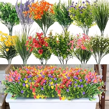 Hotop 36 Bundles Artificial Plants Flowers for Outdoor UV Resistant Greenery & Fake Wildflowers Faux Plastic Plant No Fade for Hanging Planter Porch Window Home Wedding Summer Decor(Classic Colors)