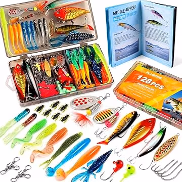 PLUSINNO Fishing Lures, 128Pcs All-in-One Fishing Tackle Box with Step-by-Step Handbook, Fishing Gear & Bait Accessories Kit for Freshwater Bass, Ideal Fishing Gifts for Men, Father & Beginners