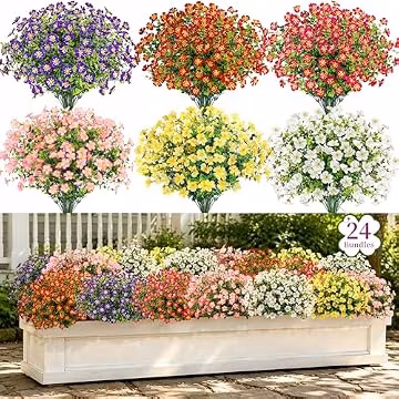 Der Rose 24 Bundles Fake Flowers Artificial Dasiy Faux Flowers Bulk for Outdoor Spring Garden Porch Farmhouse Decor