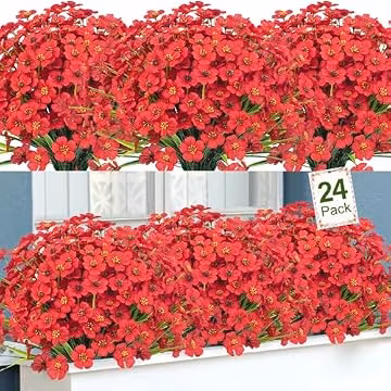 Ouddy Decor 24 Bundles Artificial Flowers for Outdoors Decorations, Red