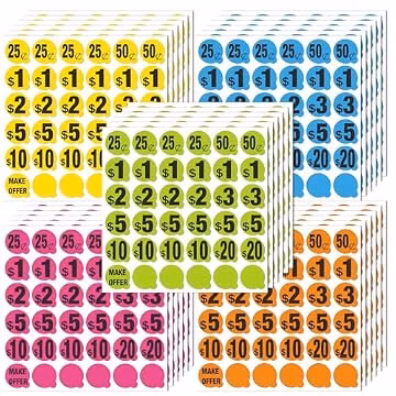 Garage Sale Price Stickers with Easy-Lift Tab, 1" Removable Yard Sale Stickers, 5 Colors Pre-printed & Blank Color Coded Pricing Tags for Rummage, Flea Market, Community, Multi-Family Sales (1080 Pcs)