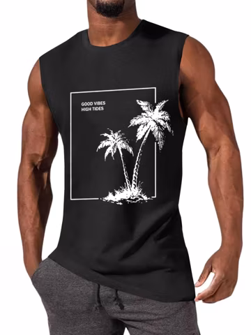 iudam Mens Tank Tops Beach Summer Sleeveless Shirts Graphic Palm Tree Vacation Tanks Muscle Gym Cut Off Shirts (Black,S)